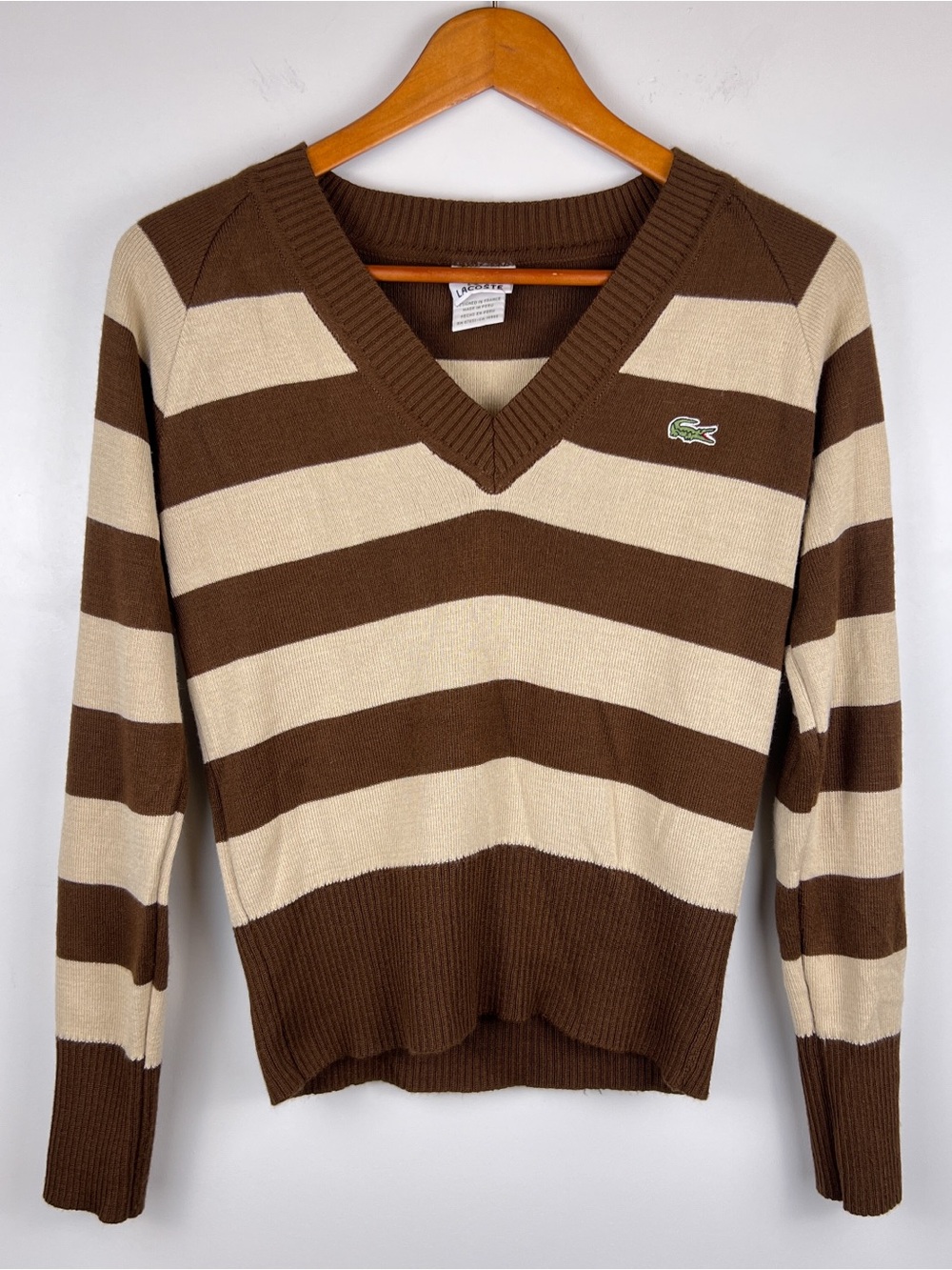 Lacoste Women's Brown & Cream Striped V-Neck Sweater - Small